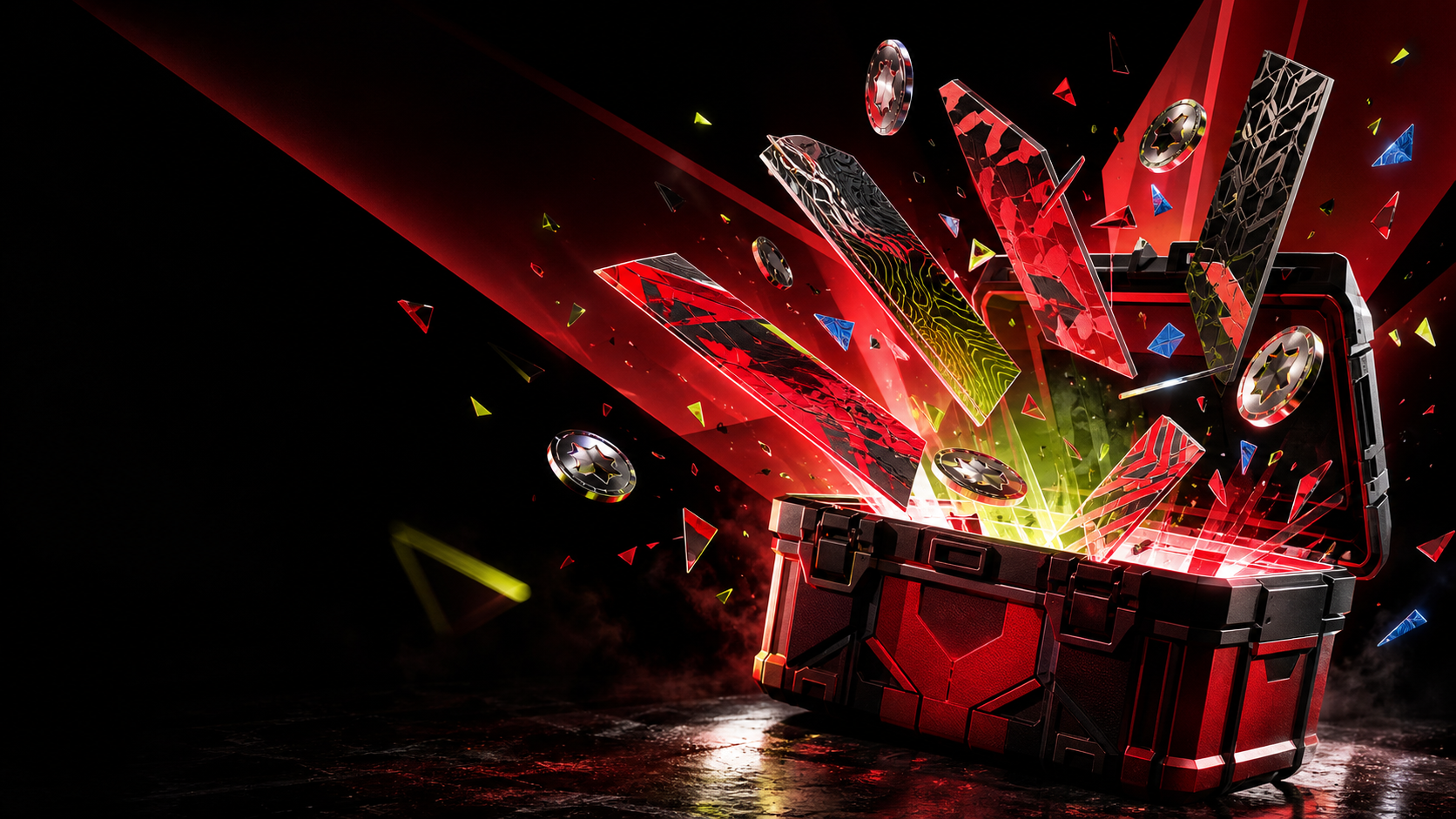 CS2-inspired case-opening scene with a glowing item reveal