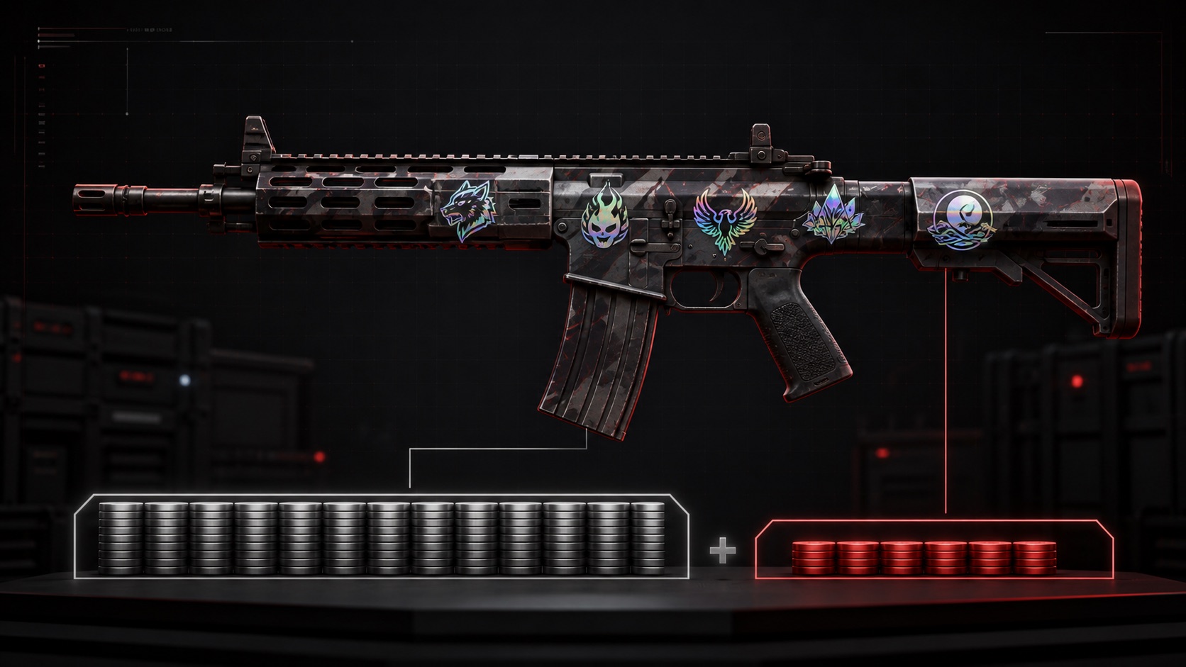 Editorial illustration of a CS2-style weapon craft split into base skin value and applied sticker premium